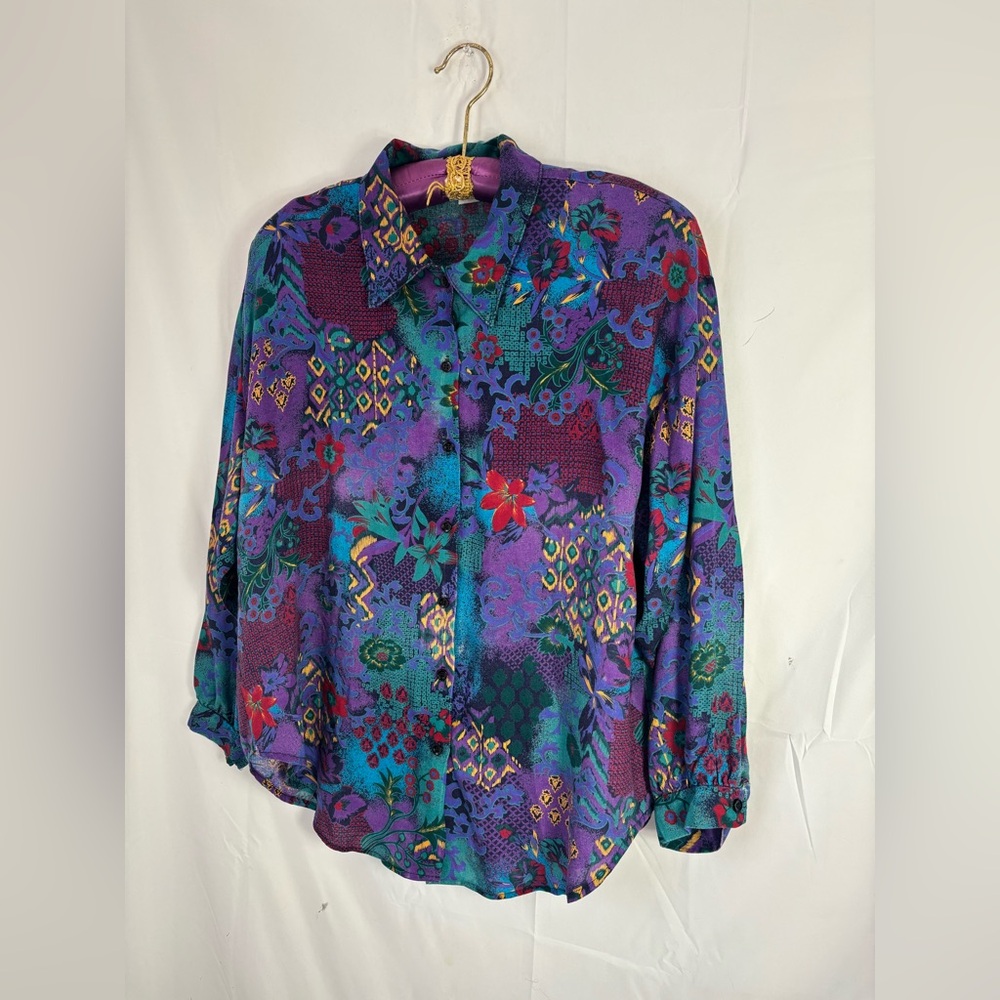 VTG 90s Structured Tropical Print Boho‎ Streetwear Button Up Blouse Size L-XL - Picture 2 of 13